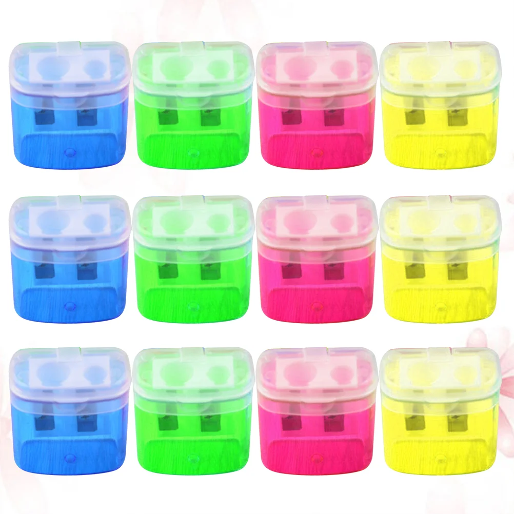 

12pcs Plastic Pencil Sharpener Transparent Lid Dual Hole Manual Square Pencil Sharpener for Students (Random Color)