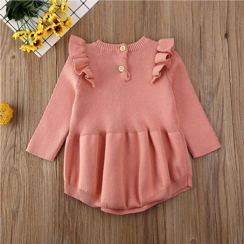

Infant Newborn Baby Girls Playsuit Knitted Spring 0-3Y Baby Spring Autumn Clothing Long Sleeve Solid Ruffled Jumpsuit Outfit