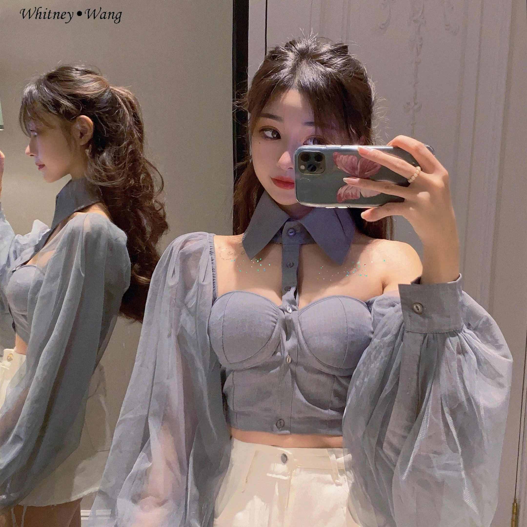 Женская блузка с лямкой на шее и рукавами фонариками|Рубашки| |