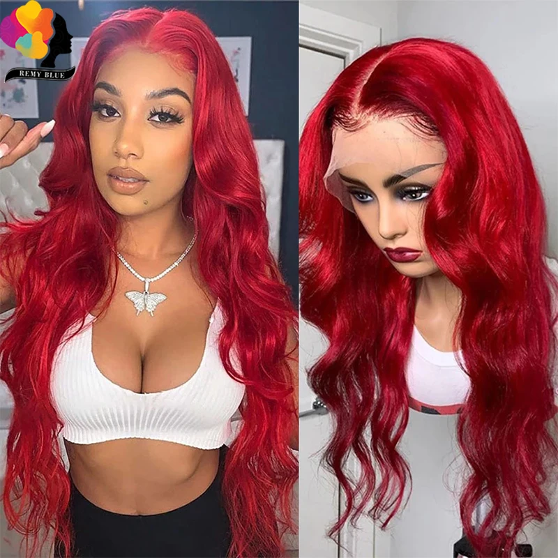 

Remyblue Red Lace Front Human Hair Wigs For Woman Red Colored Body Wave Maylasian Remy Burgundy 99J Transparent Lace Front Wigs