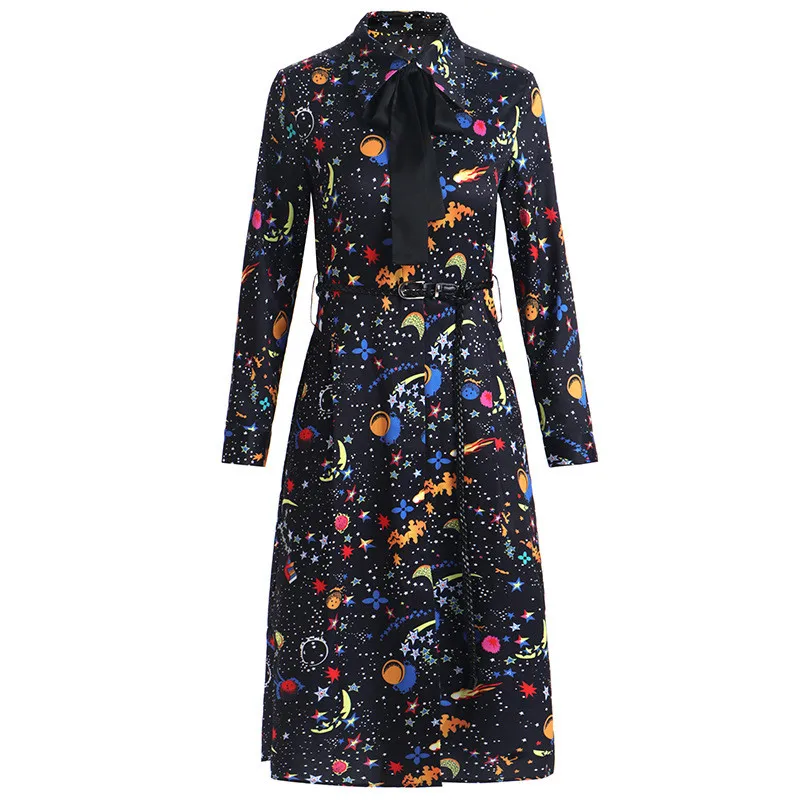

2021 Spring New Fashion Runway Women Star Print Vintage Dress Long Sleeve Clothes Female Designers Casual Office Vestidos