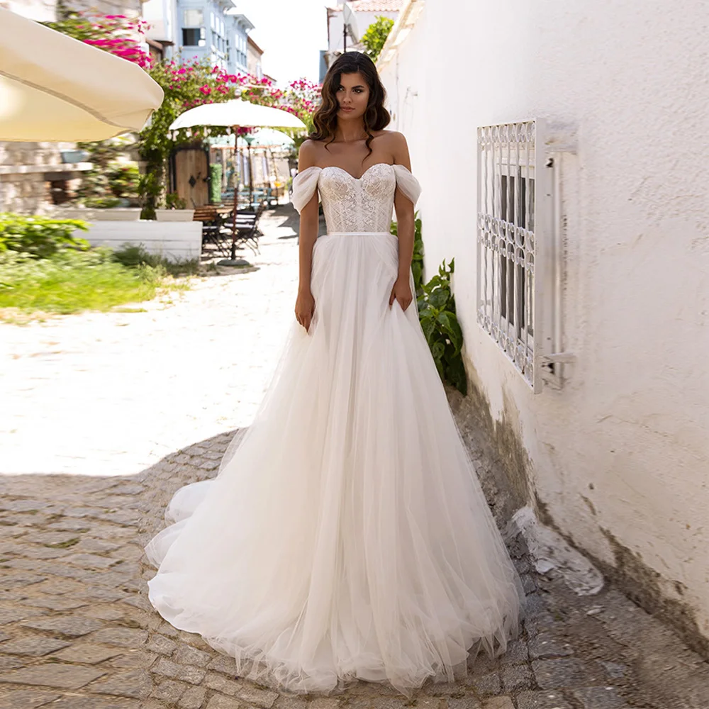 

Элегантное свадебное платье с открытыми плечами сердечком, свадебное платье, плиссированные аппликации, Тюлевое ТРАПЕЦИЕВИДНОЕ ПЛАТЬЕ, свадебное платье