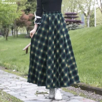 tiyihailey free shipping 2021 new fashion long maxi a line elastic waist women cotton and linen plaid spring skirt with pockets