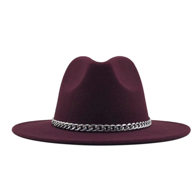

New Fashion Quality Wide Brim Fedora Hat Women Lmitation Wool Felt Hats With Metal Chain Decor Panama Fedoras Chapeau Sombrero