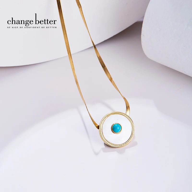 

CHANGE BETTER New Design Natural White Fritillaria&Turquoise Necklace Gold&Silver Color Stainless Steel Choker Chain For Women