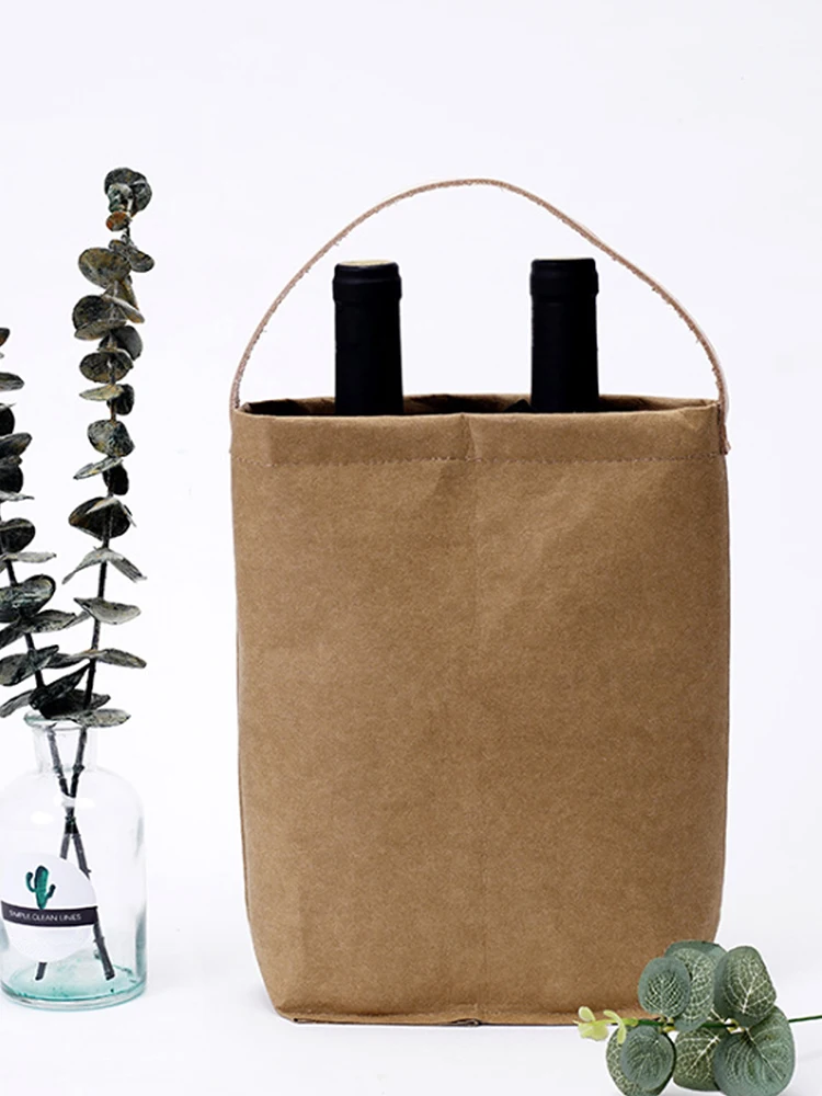 

Washable Kraft Paper Bag Red Wine Storage Pouch Tote Lunch Food Bag Storage Outdoor Picnic Kraft Paper Lunch Bag
