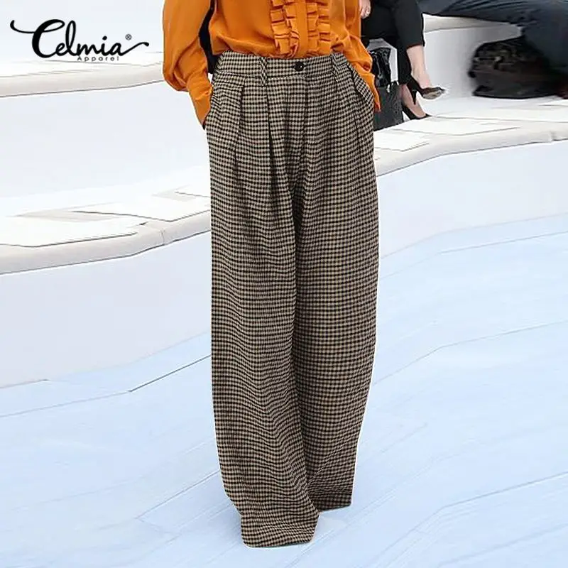 

Клетчатые повседневные брюки Celmia, Модные осенние плиссированные широкие брюки в клетку, винтажные женские длинные брюки с высокой талией и ...