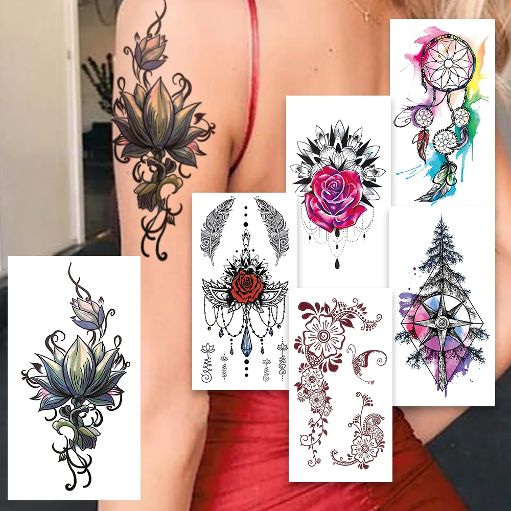 

Gold Lotus Temporary Tattoos For Women Rose Henna Flower Pine Fake Tattoo Feather Watercolor Dreamcatcher Lace Compass Tatoo Arm