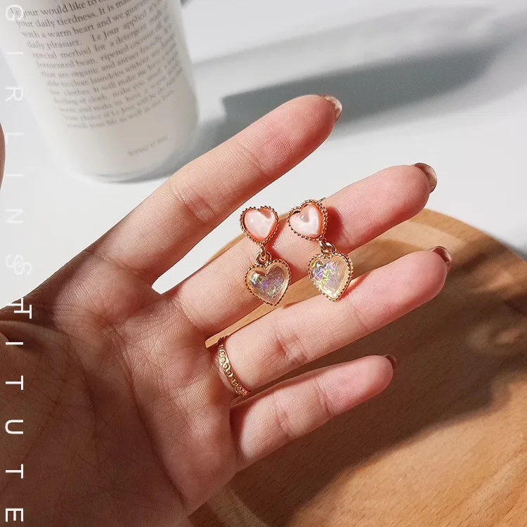 Fashion Cute Simple Chic Ins Pink Heart Crystal Earring Hot For Woman |