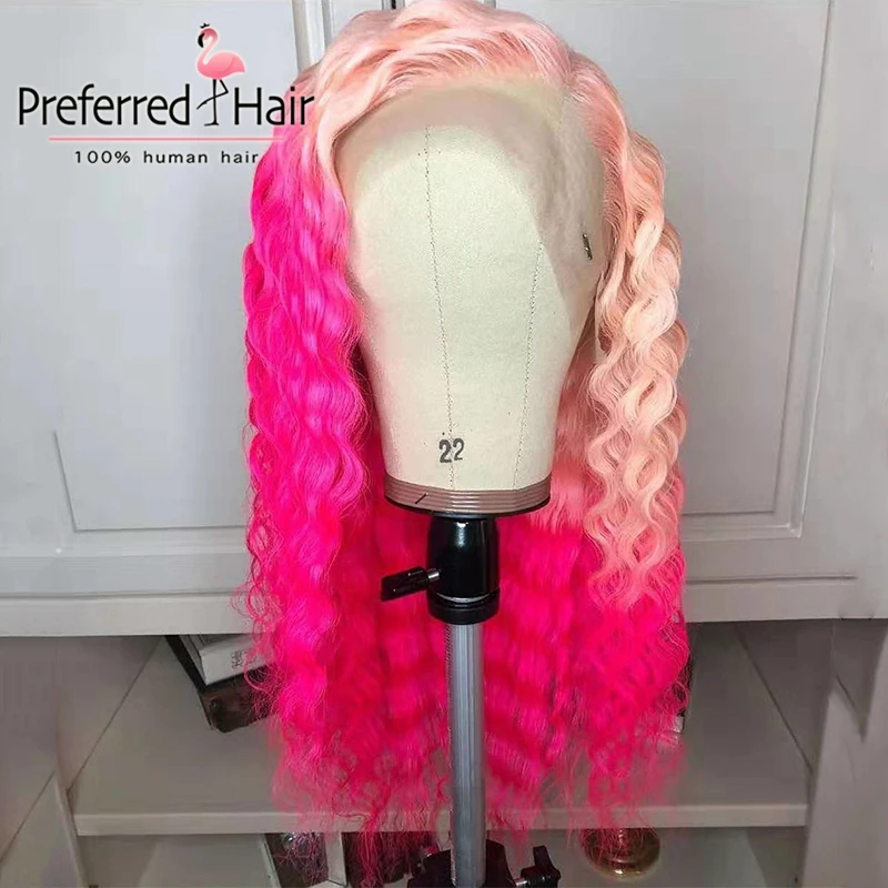 pink Предпочтительный 13x4 предварительно глубокая волна Синтетические волосы на кружеве парик Preflucked бразильский Реми эффектом деграде(переход от темного к парики из натуральных волос с Африканской структурой, выделите парики для чернокожих Для женщин - Цвет: pink