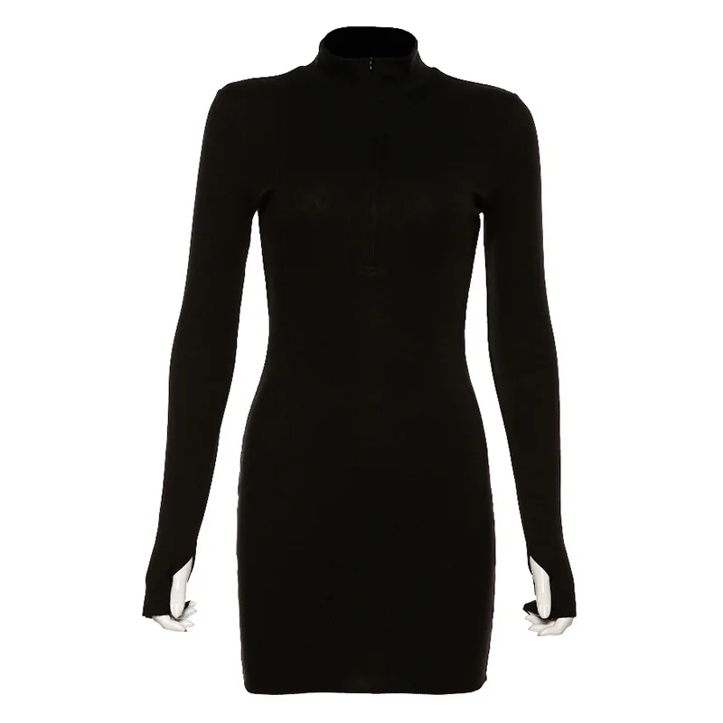 

AL Hot Style Soft Knit High Neck Long Sleeve Pure Color Casual Round Neck Wrap Hip Slim Temperament Versatile Zipper Dress