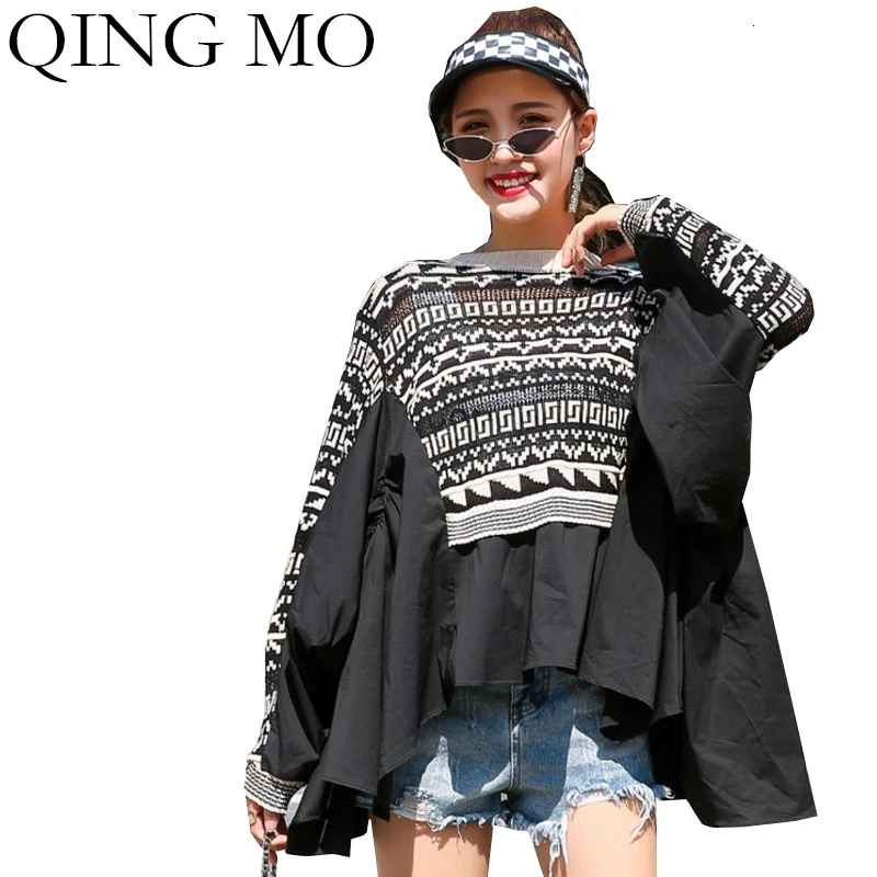 Женский трикотажный свитер QING MO черный с рукавами летучая мышь зима 2019 | Женская