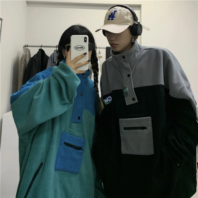 

Women Men Hip Hop Sweatshirt Winter Thick Fleece High Collar Sweatshirt Oversized Pullover Couple Outfit Street Style Harajuku