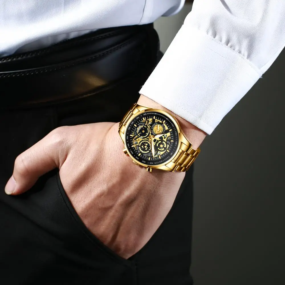 

Mens Watches Luxury Brand Fashion Gold Skeleton Quartz Watch Men Sport Wristwatch Waterproof Clock Male Relogio Masculino