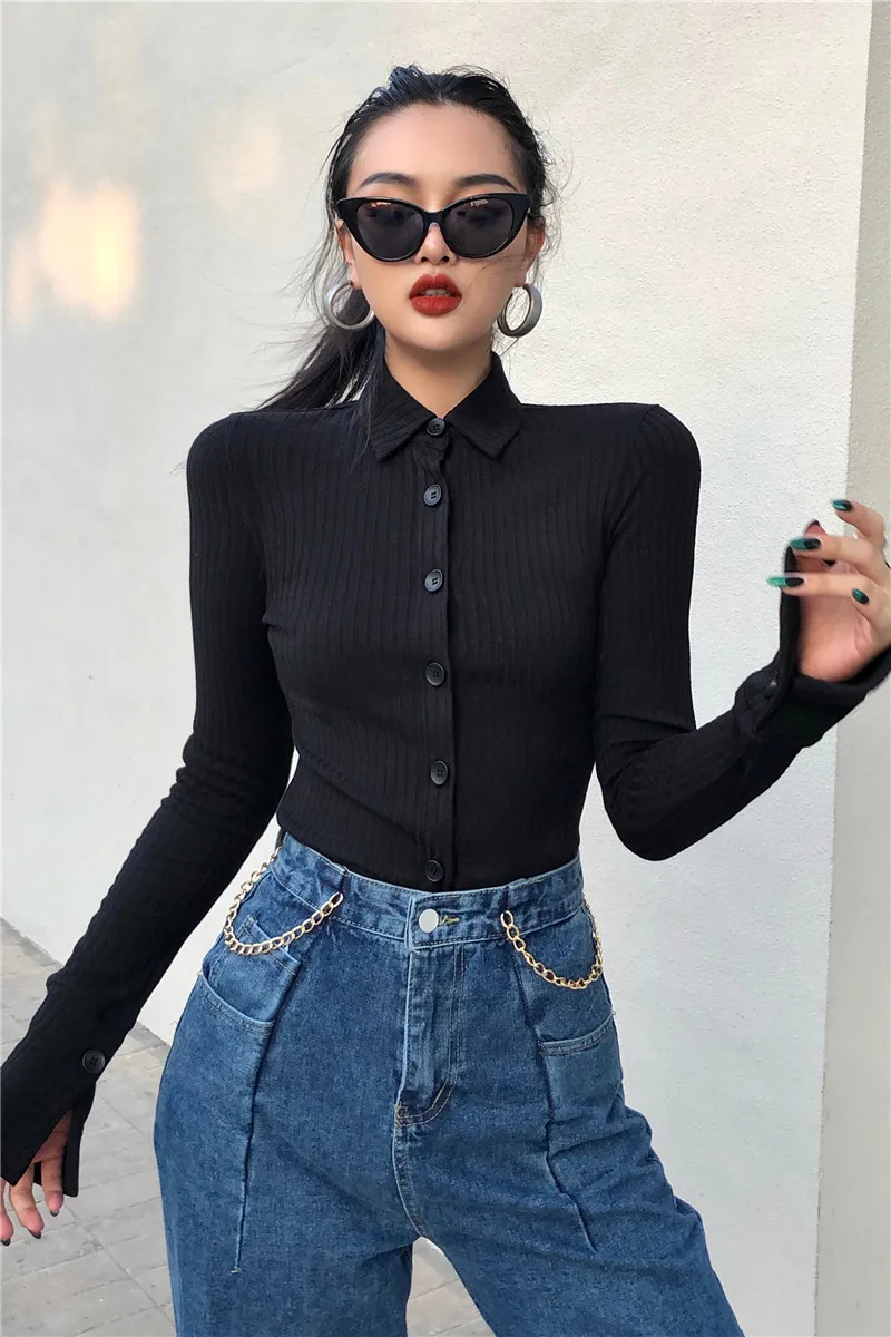 

H Family European And American Thread Breasted Polo Neck Slim Shirt Autumn And Winter Basic Solid Color Knitted Pit Stri
