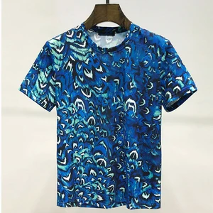 Men's Novel Blue Floral T-Shirt Luxury Custom Summer Vacation High-Quality Breathable O-Neck Short-Sleeved Top