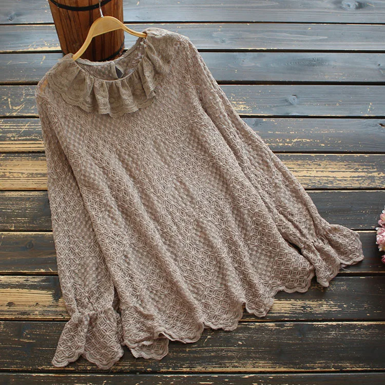 

Lamtrip Spring Fairy Lace Shirt Sweet Lace Embroidery Long Sleeve Shirt Top Mori Girl 2021