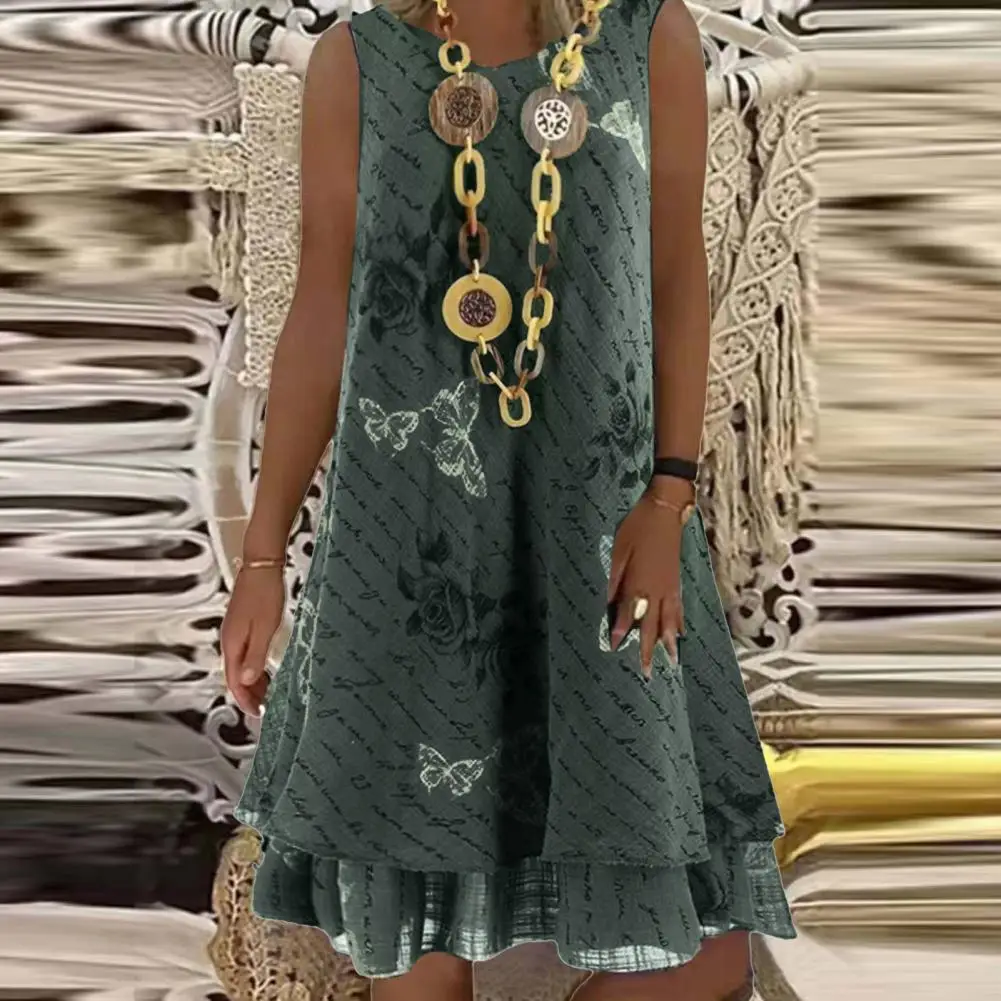 

2021 New Summer Dress Butterflies Rose Print Ruffled Hem Women Dresses Round Neck Sleeveless Party Ladies Casual Dress
