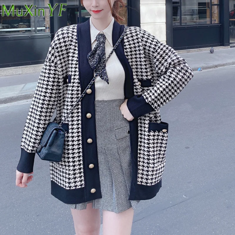 

2021 Autumn Winter Women Sweater Cardigan Lady Graceful Houndstooth Long Coats Student Casual Loose V-Neck Plaid Black Knitwear