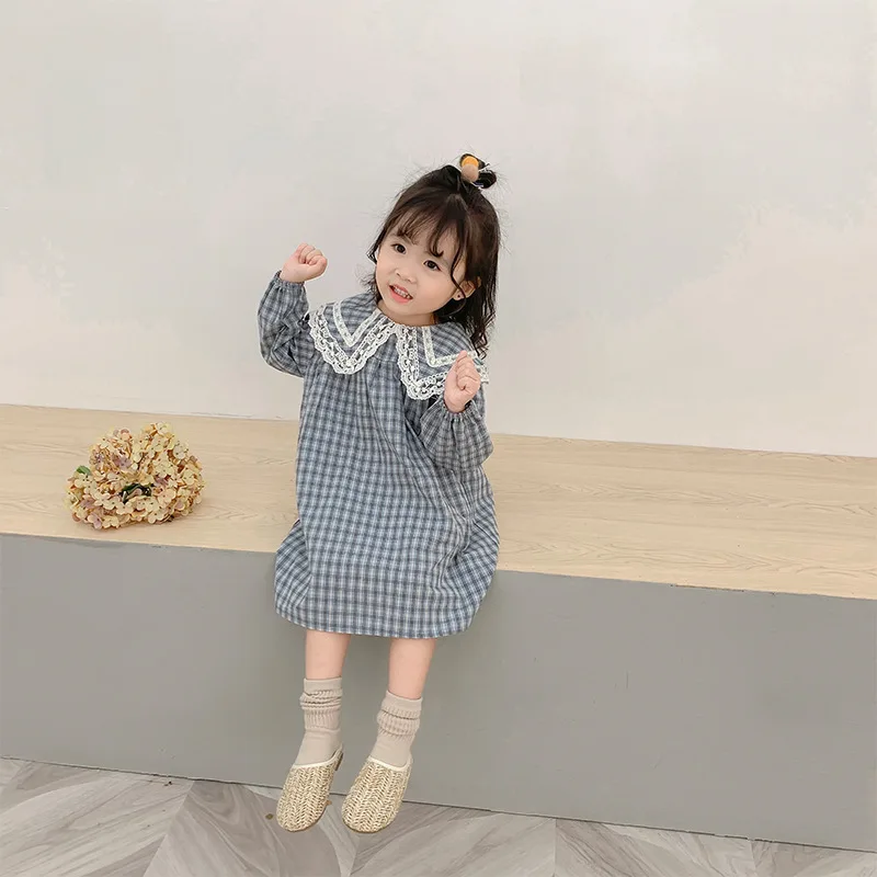 Baby Girls Plaid Dress Korean Style Autumn New Chic Children Princess Dresses Lace Collar Robe Toddlers Kids Clothes