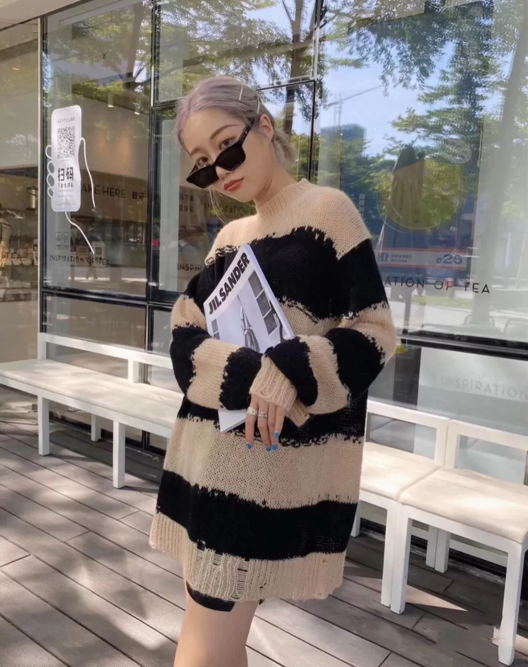 

Women Striped Hollow out Sweaters 2021 Early Autumn Loose Long Sleeve Hole New Ladies Casual O-neck Knitwear Pullover