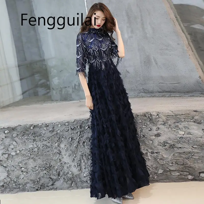 

Длинное платье трапециевидной формы с круглым вырезом и блестками, черные вечерние платья в пол, вечерние платья на молнии с перьями, 2020