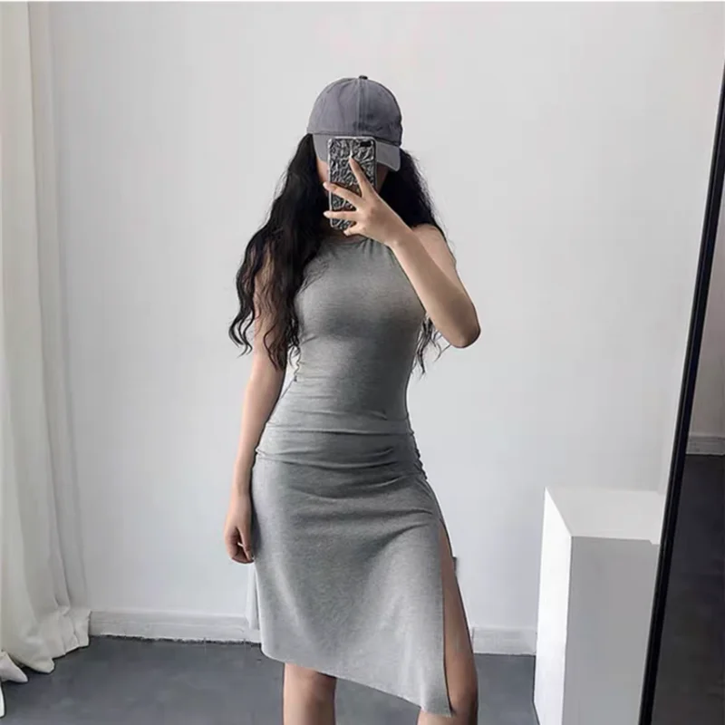 

Fashion Solid Color Casual Sleeveless Dress Summer Hem Irregular Beveled Side Slit Design Slim Bag Hip Mini Dress 90s