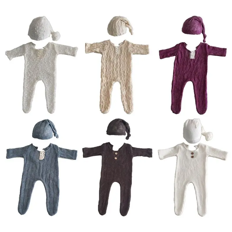 

2Pcs/set Newborn Photography Props Suit Romper with Hat Set Long Sleeve Jumpsuits Bodysuit Handmade Knit Outfit Clothing