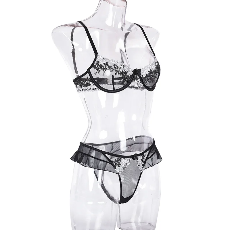

See Through Lingerie Set Women Lace Ruffles Underwear Black Floral Transparent Open Crotchless Costume Perspective Bra and Panty
