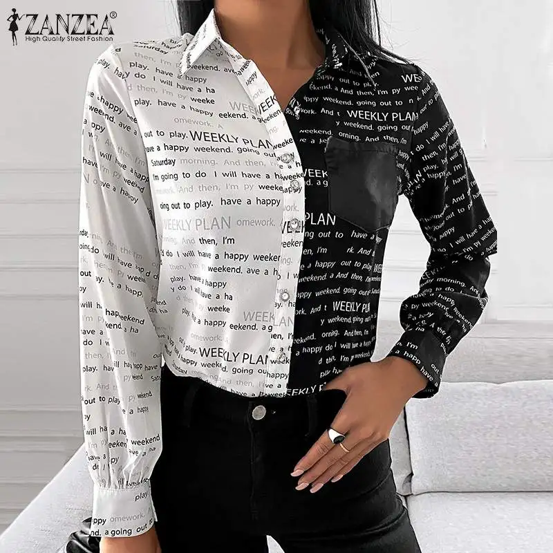 

ZANZEA Women Autumn Full Sleeve Buttons Down Shirts Fashion Letter Printed Blouse Elegant Lapel Neck Office Loose Tops Blusas