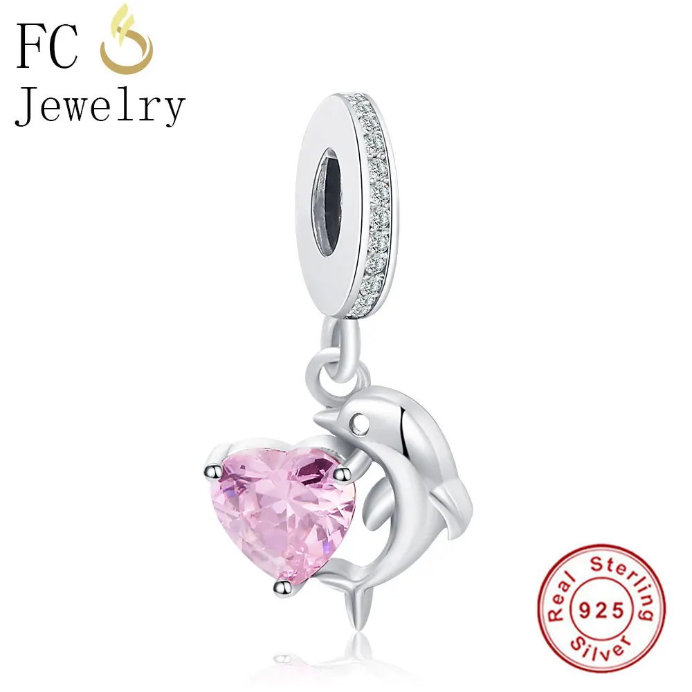 

FC Jewelry Fit Original BrandCharms Bracelet 925 Sterling Silver Animal Dolphin Pink Zirconia Pendant Kralen Beads Berloque