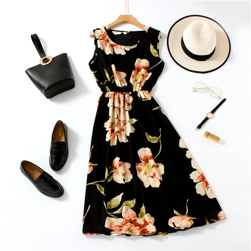 

2020 Summer Women's Beach Dress Printed Chiffon Dress Round Neck Sleeveless Wild Plus Size Graphic Dresses 29 Colors Ml810