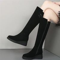 thigh high snow boots women genuine leather wedges high heel motorcycle boots female winter warm round toe platform pumps shoes