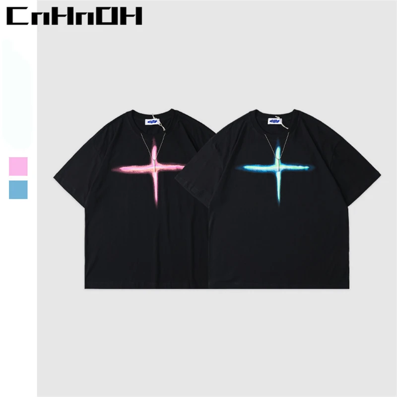 

CnHnOH New Arrival Teeshirt Homme Instagram Men's T-shirts Oversized Top Cross Light Necklace Printing Clothing Tee Shirt K071