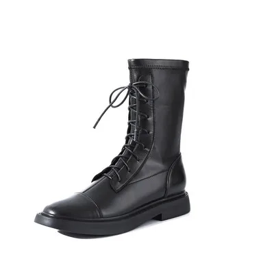 

Trendy Casual Stretch Martin Boots 2020 Women's Autumn / Winter New All-Match Leather Round Toe Side Zipper Flat Bottom Boots