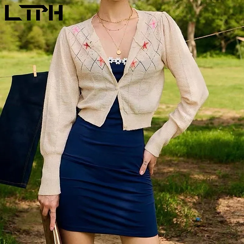 

LTPH vintage floral embroidery knitted cardigan O-Neck hollow Thin women sweater single breasted long sleeve top 2021 autumn new