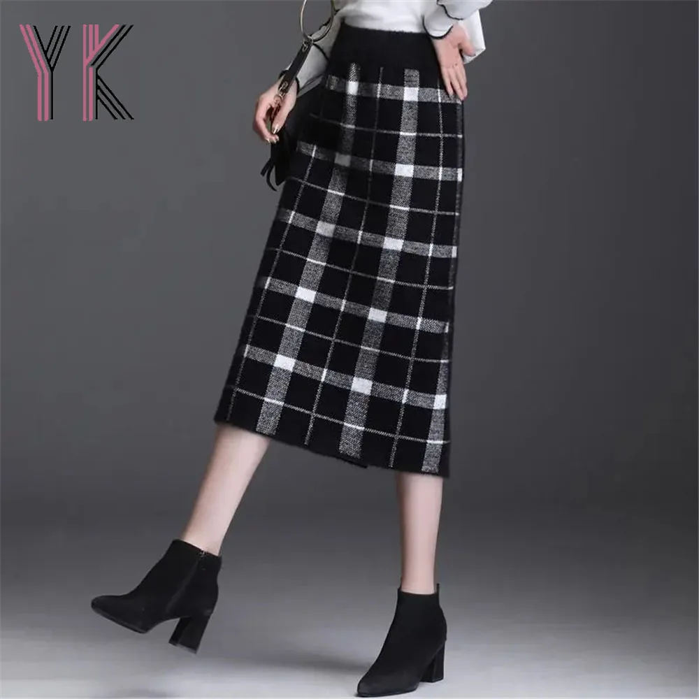 

Knitted Imitation Mink Fur Warm Autumn Winter Midi Skirts Slit Plaid Dot Jacquard Elastic High Waist Slim Sukienka Stretch Saia