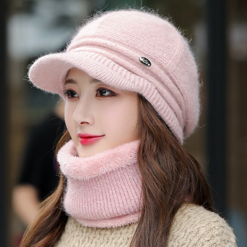 New Winter Hat Rabbit fur Keep Neck Warmer Hat Set Thick Beanie Cap Casual Winter Hats For Women Add Fur Lining Warm Knitted Hat