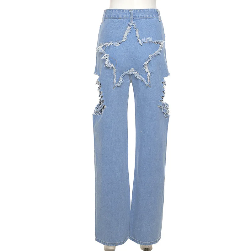 

High Street Blue Ripped Holes Mom Jeans Y2k Aesthetic Summer High Waisted Side Hollow out Distressed Straight Pants Denim Broek