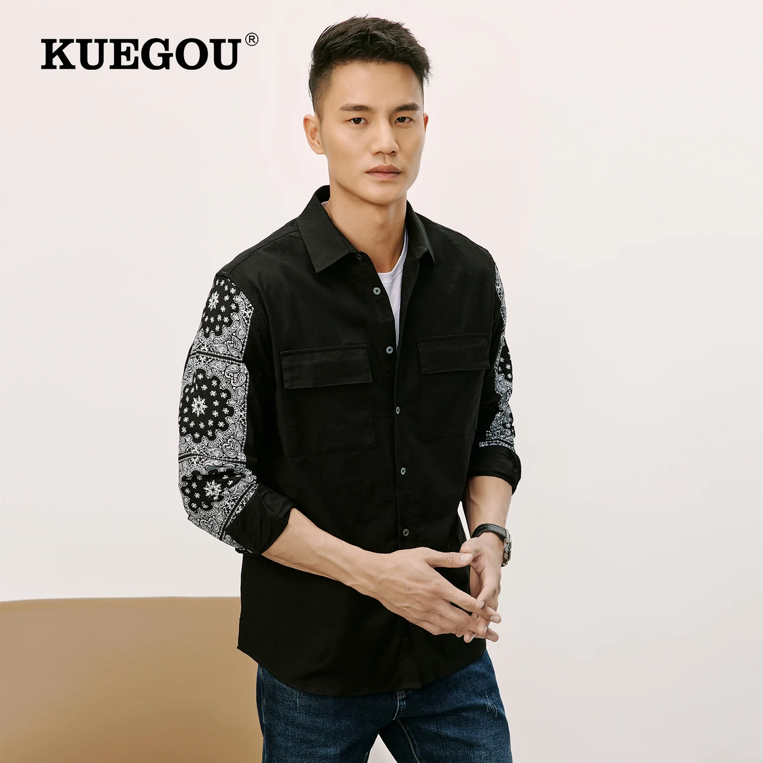 

KUEGOU 2022 Spring Cotton Black White Casual Print Pocket Shirt Men Male Fashion Collar Button Slim Long Sleeve Clothing 20548