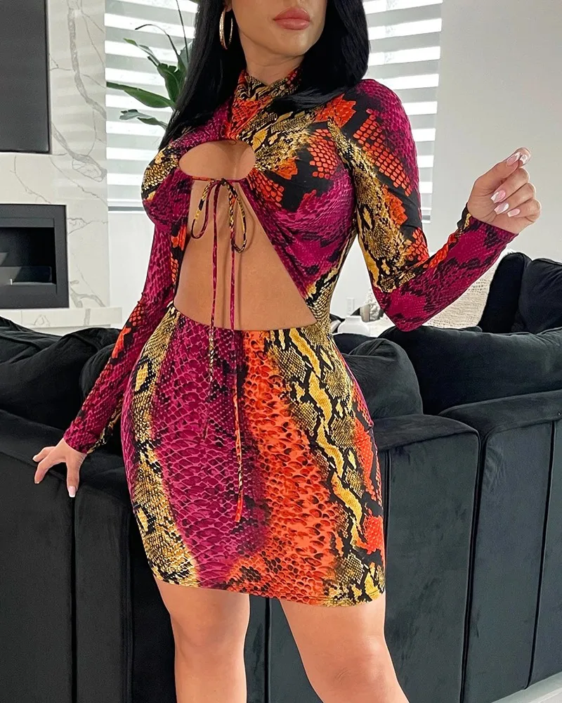 

2021 European and American Women's Color Snake Print Dresses Snakeskin Print Long Sleeve Cutout Bodyocn Dress