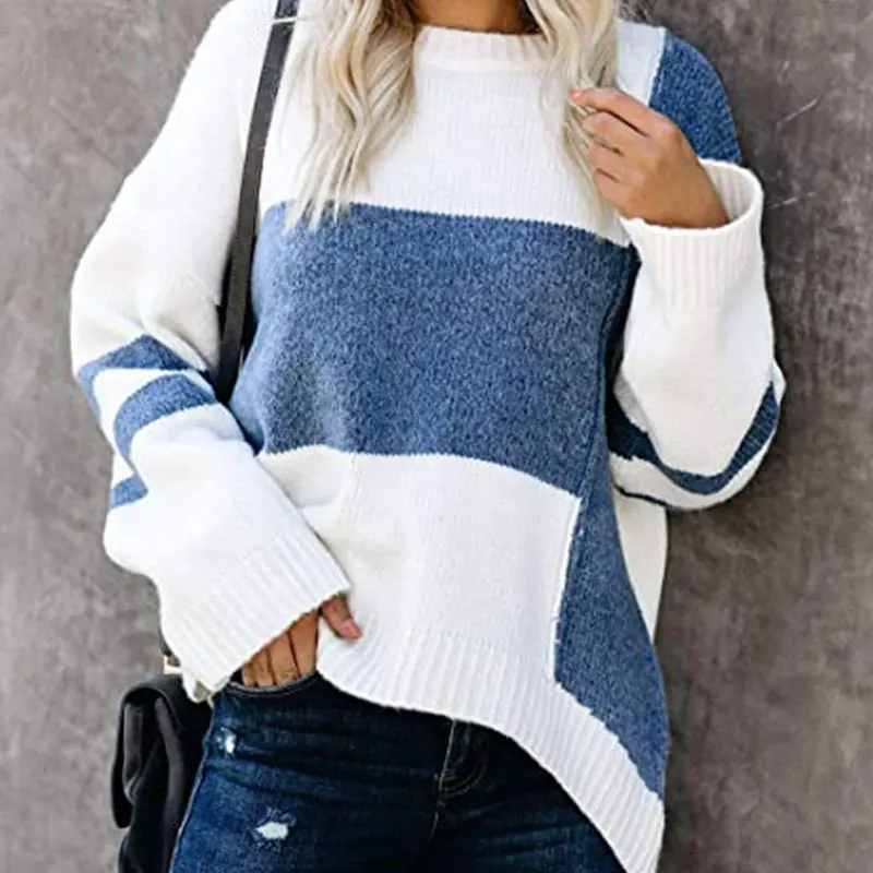 

Autumn and winter new style striped retro street hipster sweater contrast color stitching round neck pullover sweater sweater