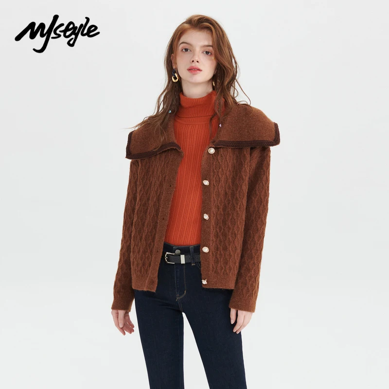 

MJstyle 2021 зимний женский винтажный Тонкий теплый матросский воротник коричневый кардиган свитер Японская уличная мода 821190010