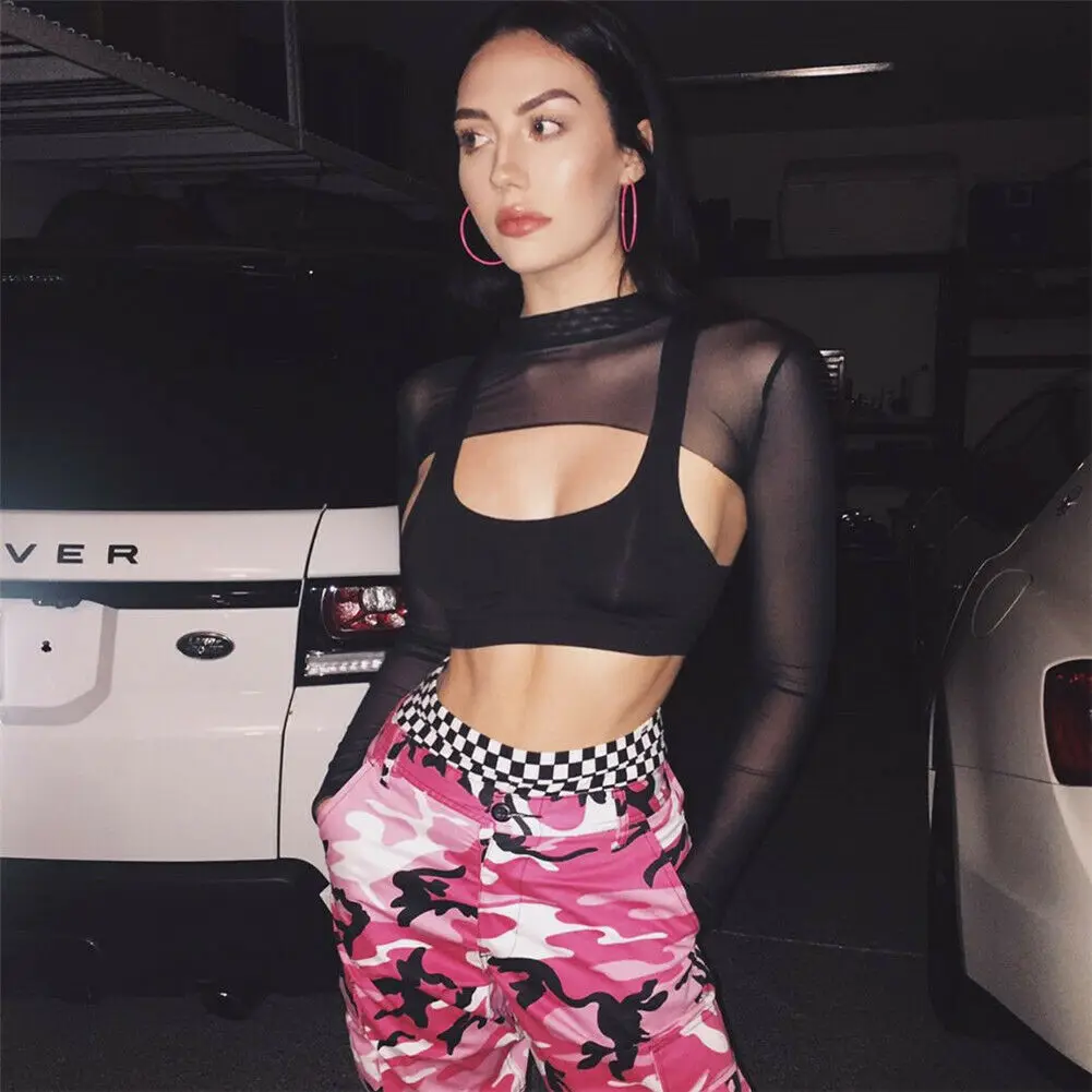 

Hot Fashion Super Short Lace Women Hip Transparent Mesh Sheer Backless L-Sleeves T-shirt Sexy Crop Tops Bodycon Club Clothes