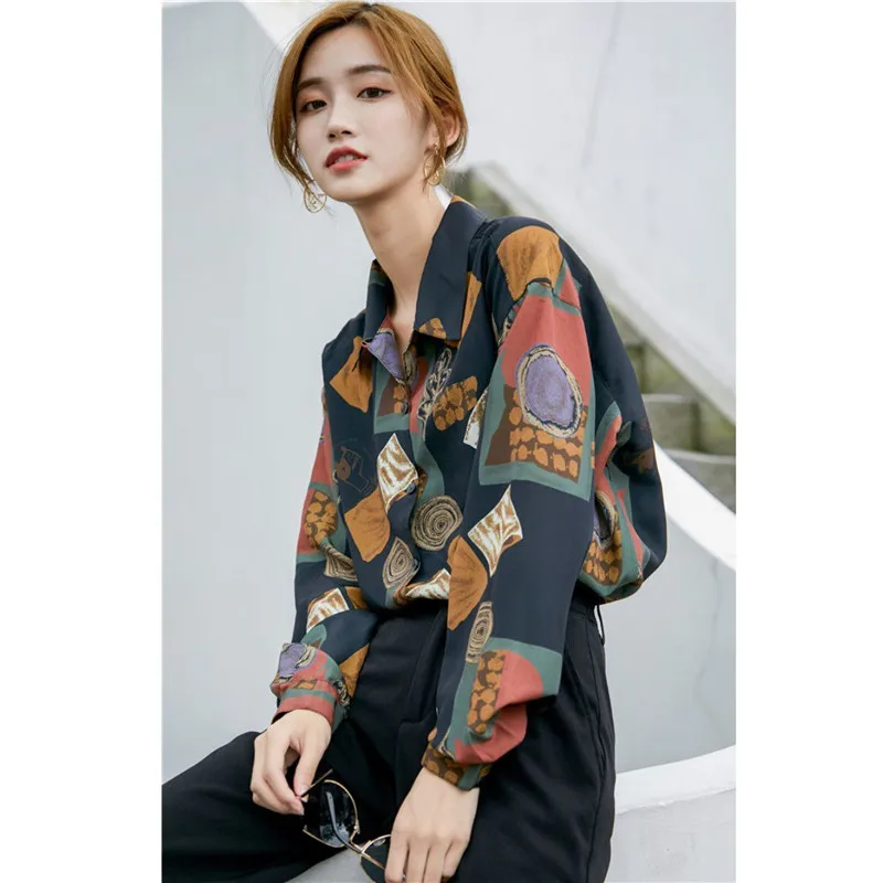 

Women Vintage Shirt Retro Printed Turn-Down Collar Chiffon Harajuku Loose Blouse Women's Korean Tops Blusas Mujer