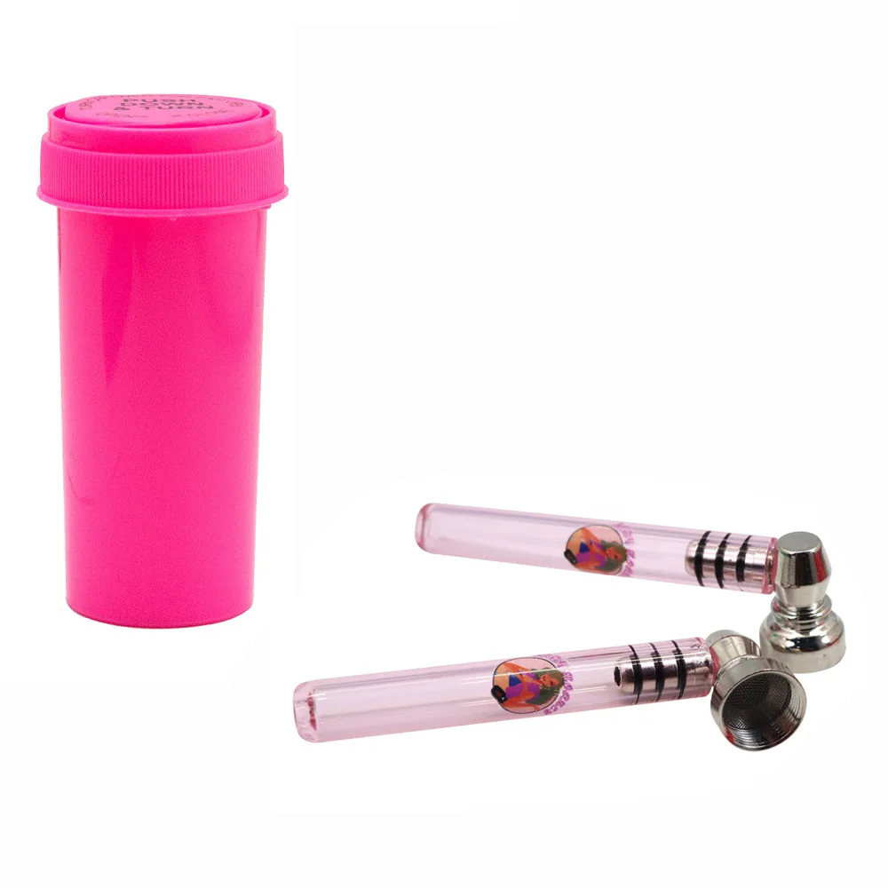 

LADY HORNET Premium Glass Smoke Pipe With Clear Handle 93MM With Metal Bowl With 30 Dram Plastic Stash Jar Push Down Pill Box