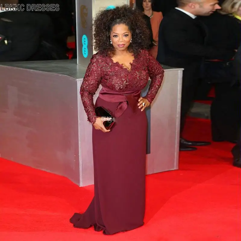 

Elegant Burgundy Celebrity Dress Women Plus Size Evening Dresses 2019 Lace Long Sleeve Evening Gowns Formal Mother Party Dress