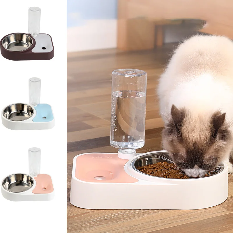 

Pet Double Bowl Stainless Steel Automatic Feeder Moisture-Proof Dog Cat Food Tray With Waterer Pet Supplies Cuenco Gato