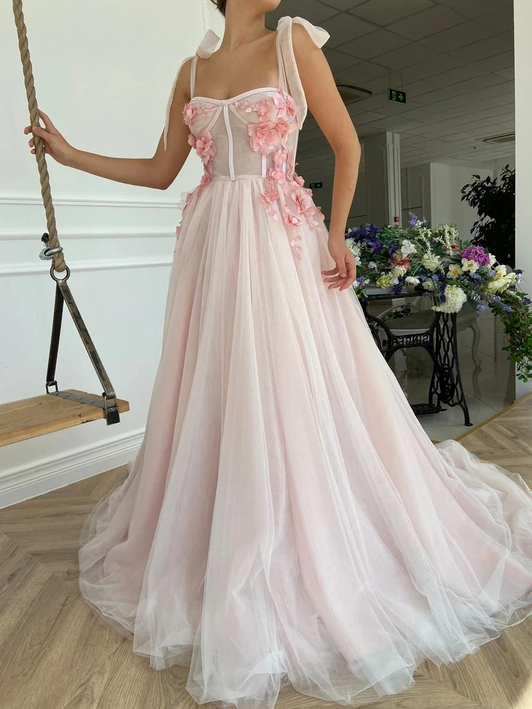 

Pink Moroccan Muslim Evening Dresses A-line Spaghetti Straps Tulle Flowers Long Turkey Dubai Saudi Arabia Prom Dress Gown