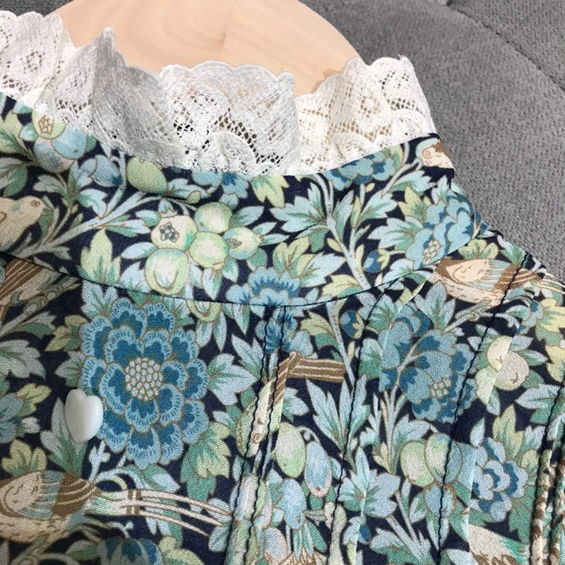 

2020 Autumn Top Quality Womens Ruffles Lace Patchwork Long Sleeve Romantic Blue Floral Dresses